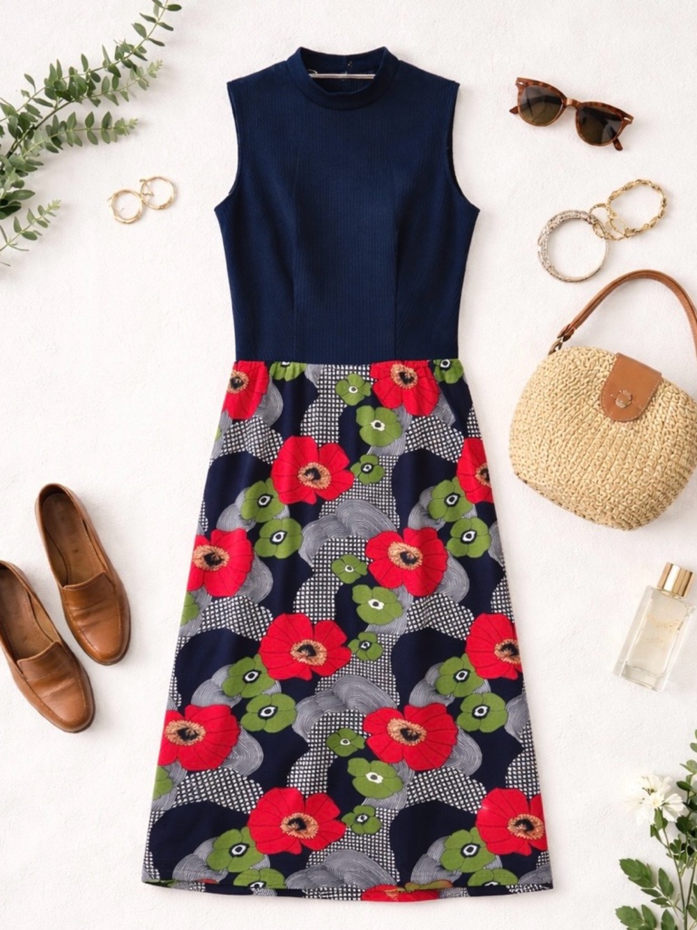 Vintage 60s 70s Poppy Flower & Navy Pop Art Print Maxi A Line Dress Sleeveless L